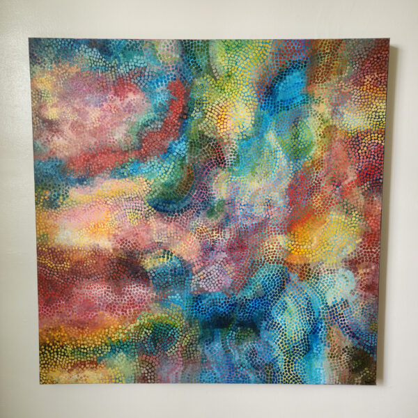 “Growing Wild” is colorful, whimsical, and full of adventure. Each small brush stroke relies on the strokes next to it, and ultimately manifests in a swirling mosaic style pattern. Painted in the darkness of November, “Growing Wild” was created as a refuge from the onset of winter. To me, “Growing Wild” is an exhilarating adventure through a world splashed with color, joy, exploration, and the sweetness of independence.