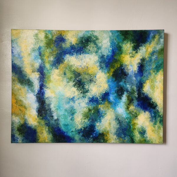 An intricate and abstract oil painting, June measures 30″ x 40″.
