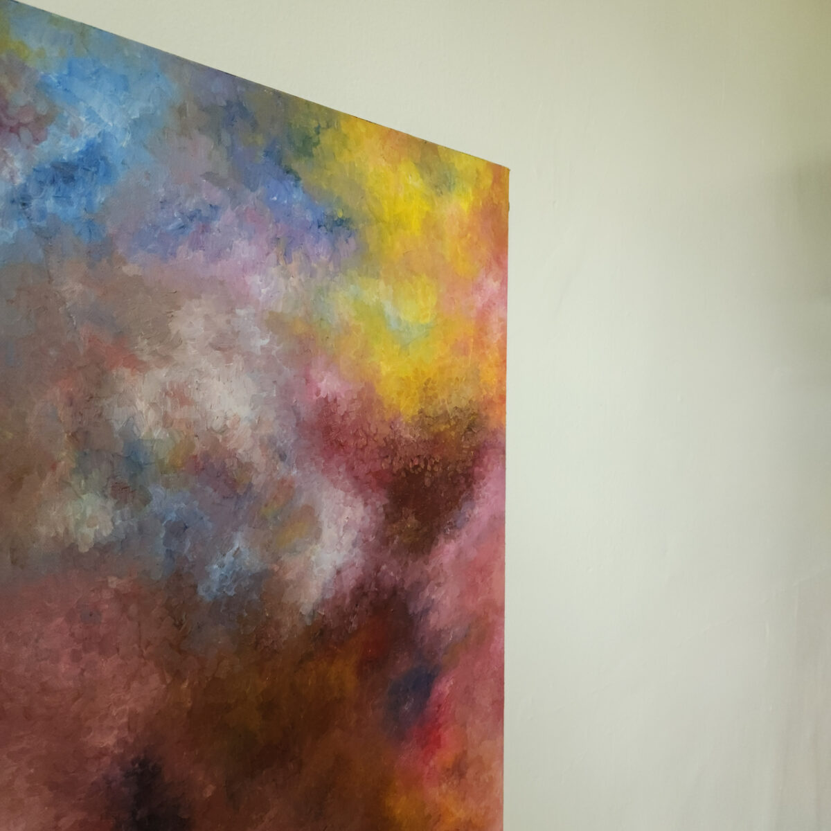 Symphony of Lights is a vibrant, intricate, mixed media piece that is comprised of acrylic paint, ink, and oil paint on canvas. The canvas measures 16″ x 40″.