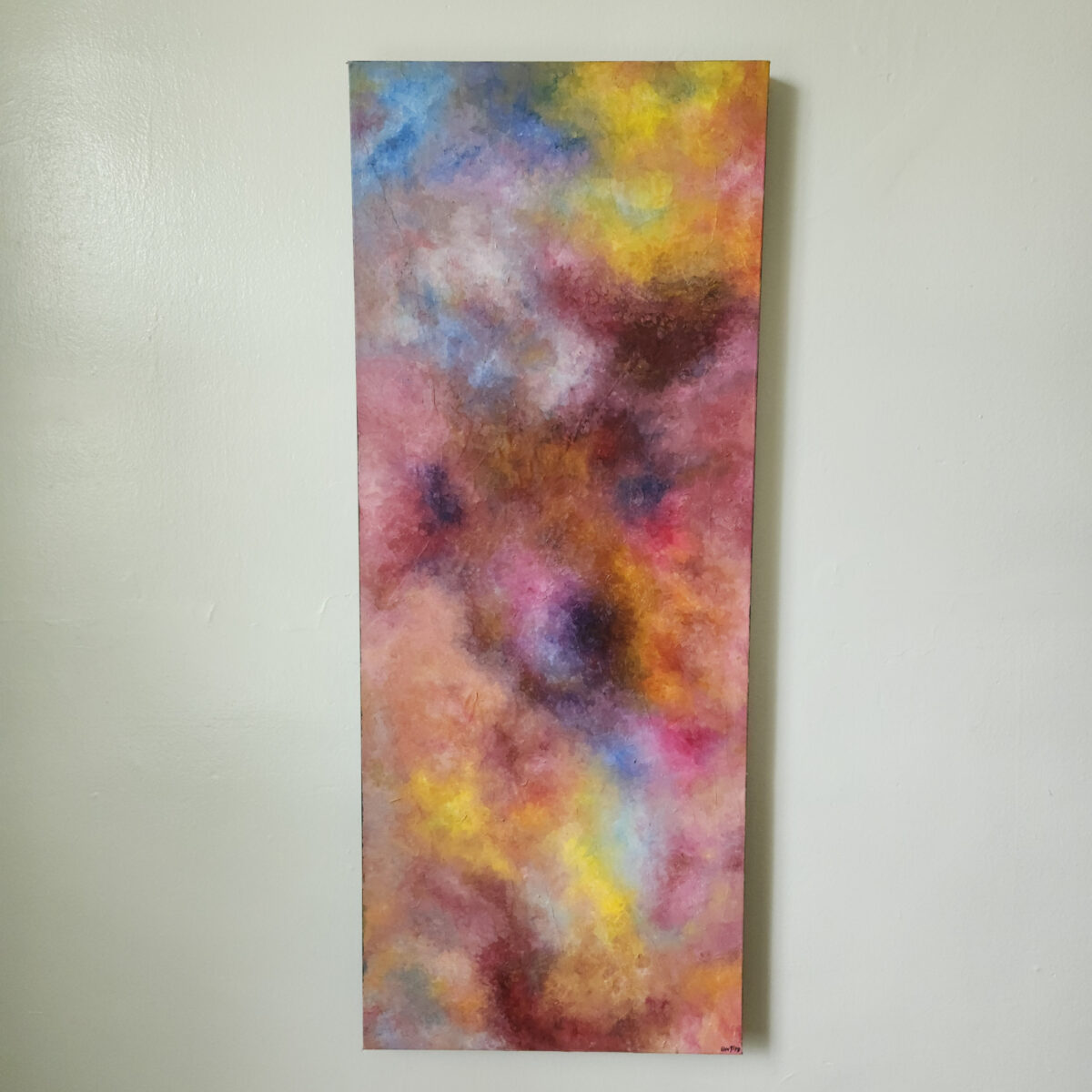 “Symphony of Lights” is a whimsical world, filled with pops of bold color, unexpected discoveries, and music. When I create a piece, I usually begin without any idea of what the final product will look like. Instead of starting with a preconceived plan, I prefer to let the piece create itself. When I was painting this piece, I was struck by the dancing colors and the the overall fast paced, musical feel. I let the colors run wild, creating “Symphony of Lights.”