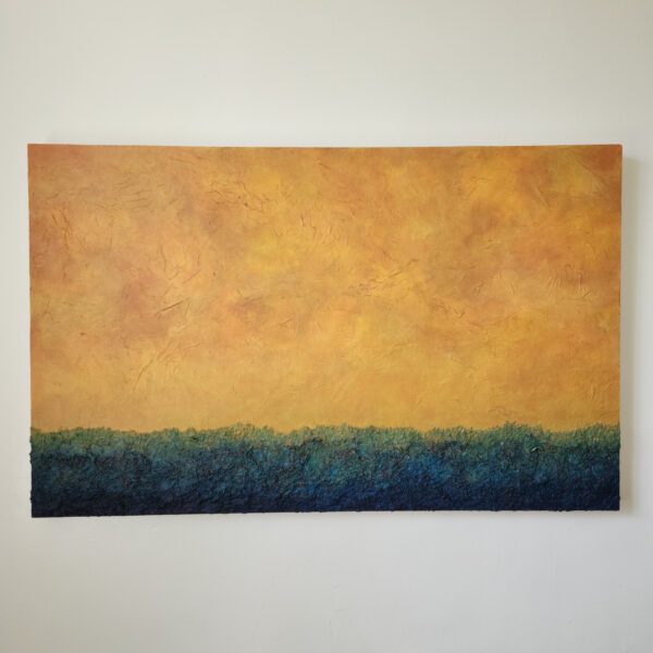 Mixed Media art. Top is aged orange. Bottom is green to blue textured gradient.