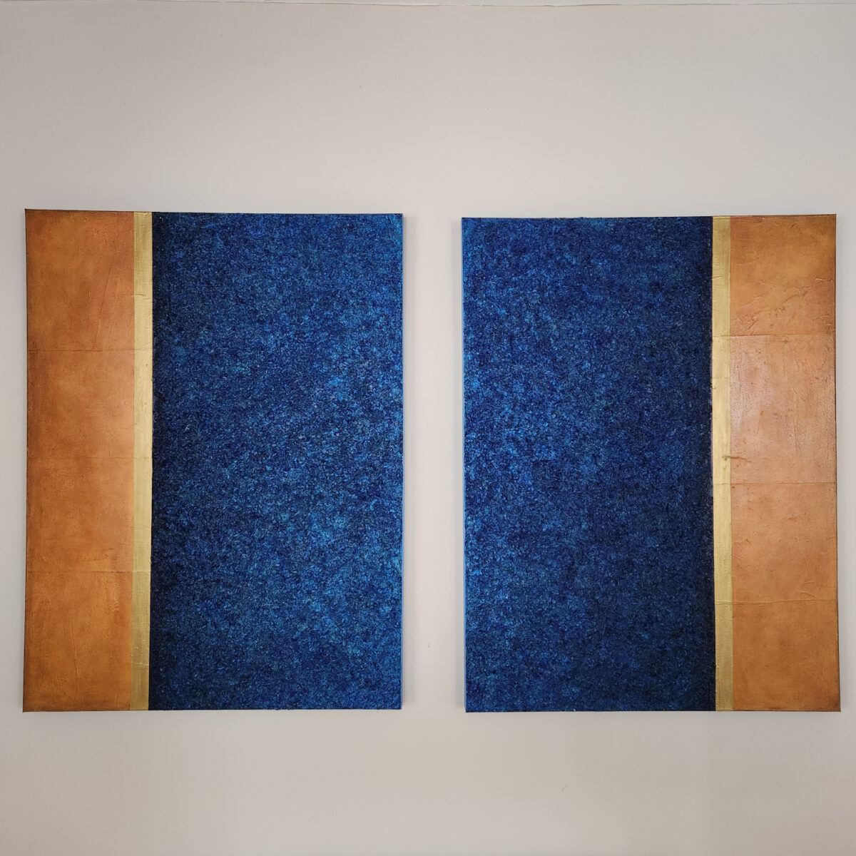 Mixed Media Diptych. Textured blue golden bordered by aged orange.