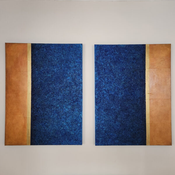 Mixed Media Diptych. Textured blue golden bordered by aged orange.