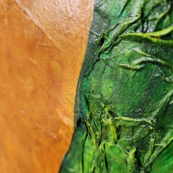 Detail Picture: Mixed Media: Green textured portion with aged orange on the left
