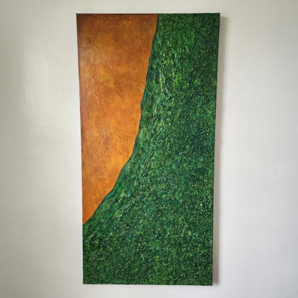Mixed Media: Green textured portion with aged orange on the left