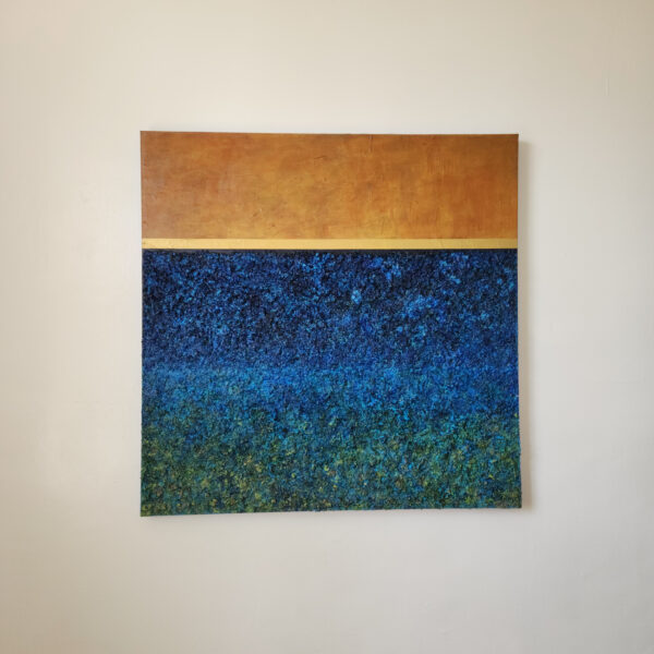 Mixed Media art. Top is aged orange. Bottom is green to blue textured gradient.
