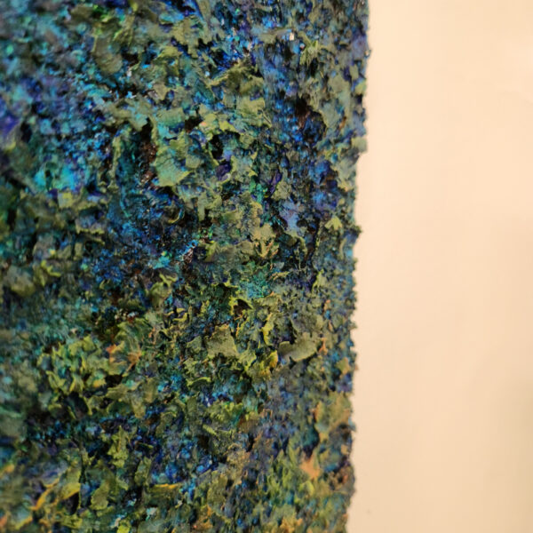 Detail picture: Mixed Media: Textured paintng with a green-blue gradient. Top portion is dived by gold line. Top portion is aged orange.