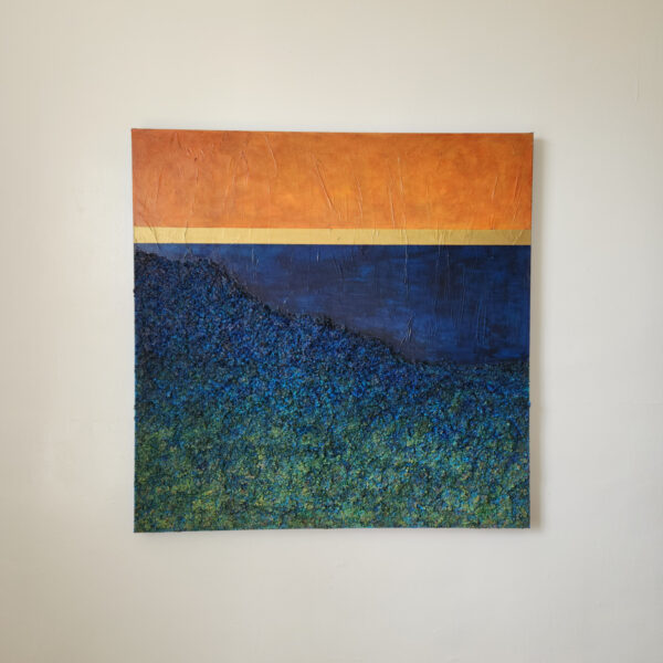 Mixed Media: Textured paintng with a green-blue gradient. Top portion is dived by gold line. Top portion is aged orange.