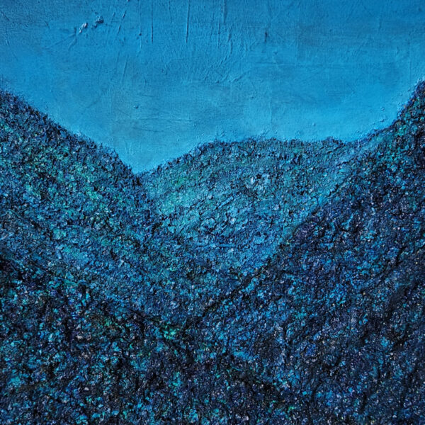Mixed Media Painting: Dark landscape with divided sections of sky. The landscape is physically textured.