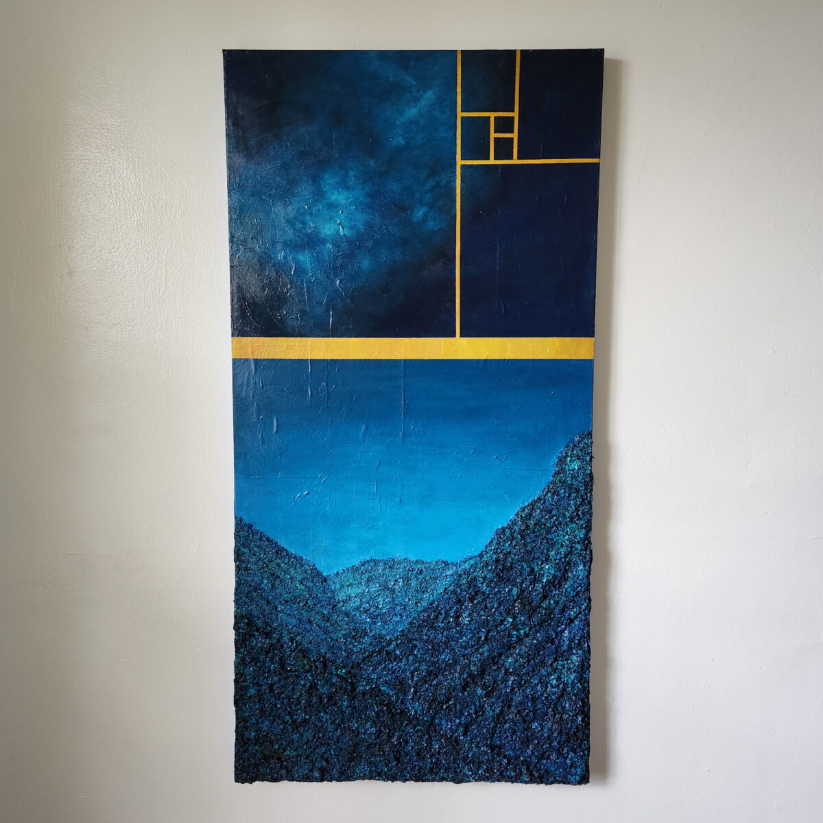 Mixed Media Painting: Dark landscape with divided sections of sky. The landscape is physically textured.