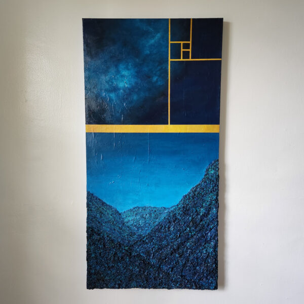 Mixed Media Painting: Dark landscape with divided sections of sky. The landscape is physically textured.