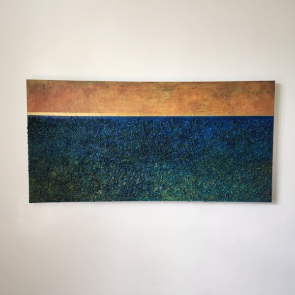 Mixed Media art. Top is aged orange. Bottom is green to blue textured gradient.