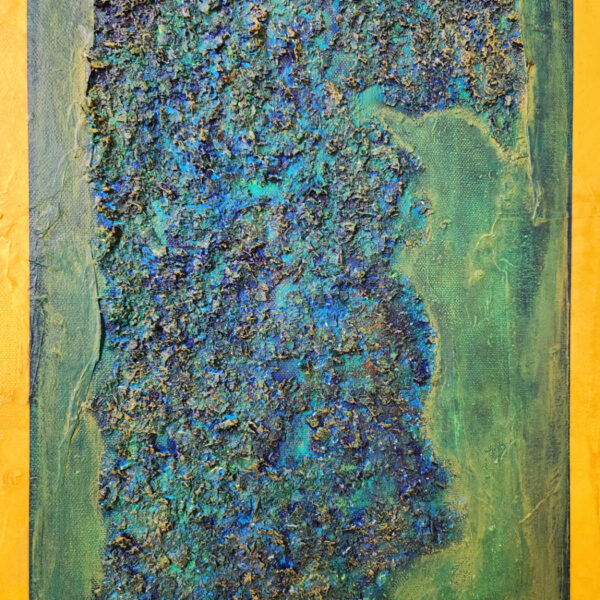 Detail picture: Mixed Media Art. textured green surrounded by aged orange.