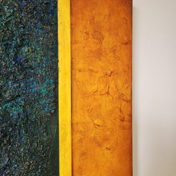 Detail picture: Mixed Media Art. textured green surrounded by aged orange.