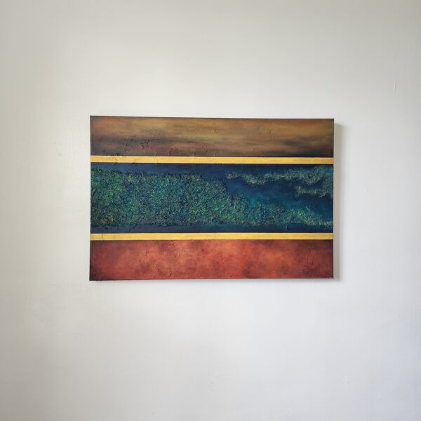 Mixed Media Art. textured green surrounded by aged orange.