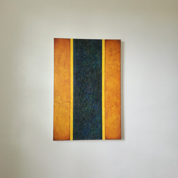 Mixed Media Art. textured green surrounded by aged orange.