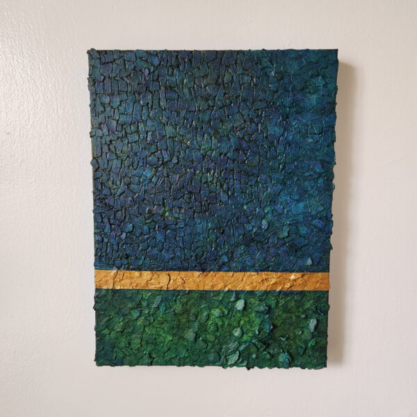 Mixed Media Art. Green, blue, and gold textured art.