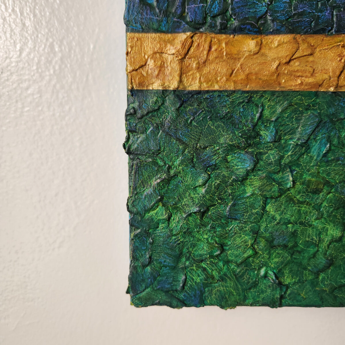 Mixed Media Art. Green, blue, and gold textured art.