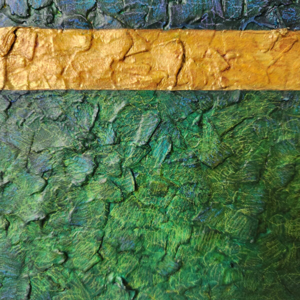 Mixed Media Art. Green, blue, and gold textured art.