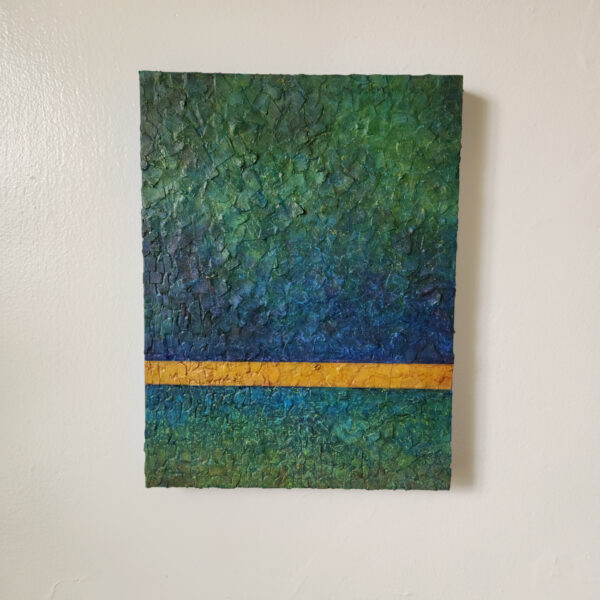 Mixed Media Art. Green, blue, and gold textured art.