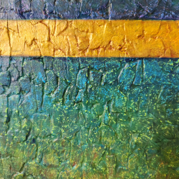 Mixed Media Art. Green, blue, and gold textured art.