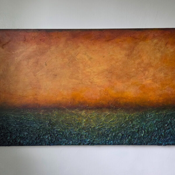 Abstract textured landscape with golden sky and blue and green foreground