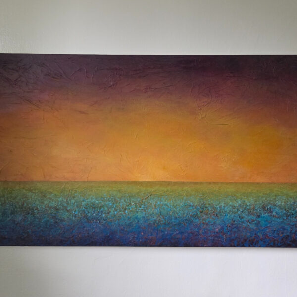 Abstract landscape with orange and gold sky, with green, blue, and purple ground.