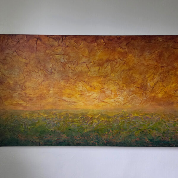 Horizontal abstract landscape painting with orange sky and green grass