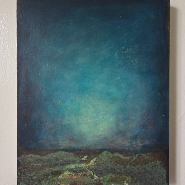 Landscape painting with large moonlit center, green-blue skies, and green hills.