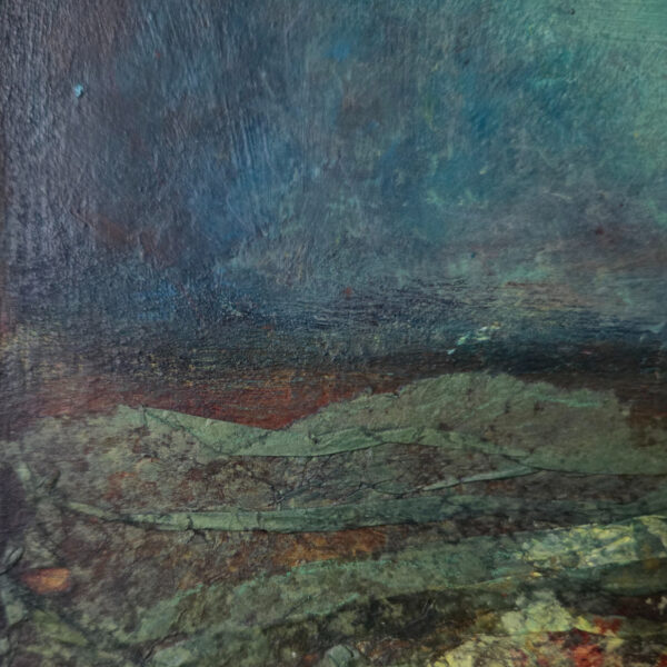 Close up shot of landscape painting with large moonlit center, green-blue skies, and green hills.